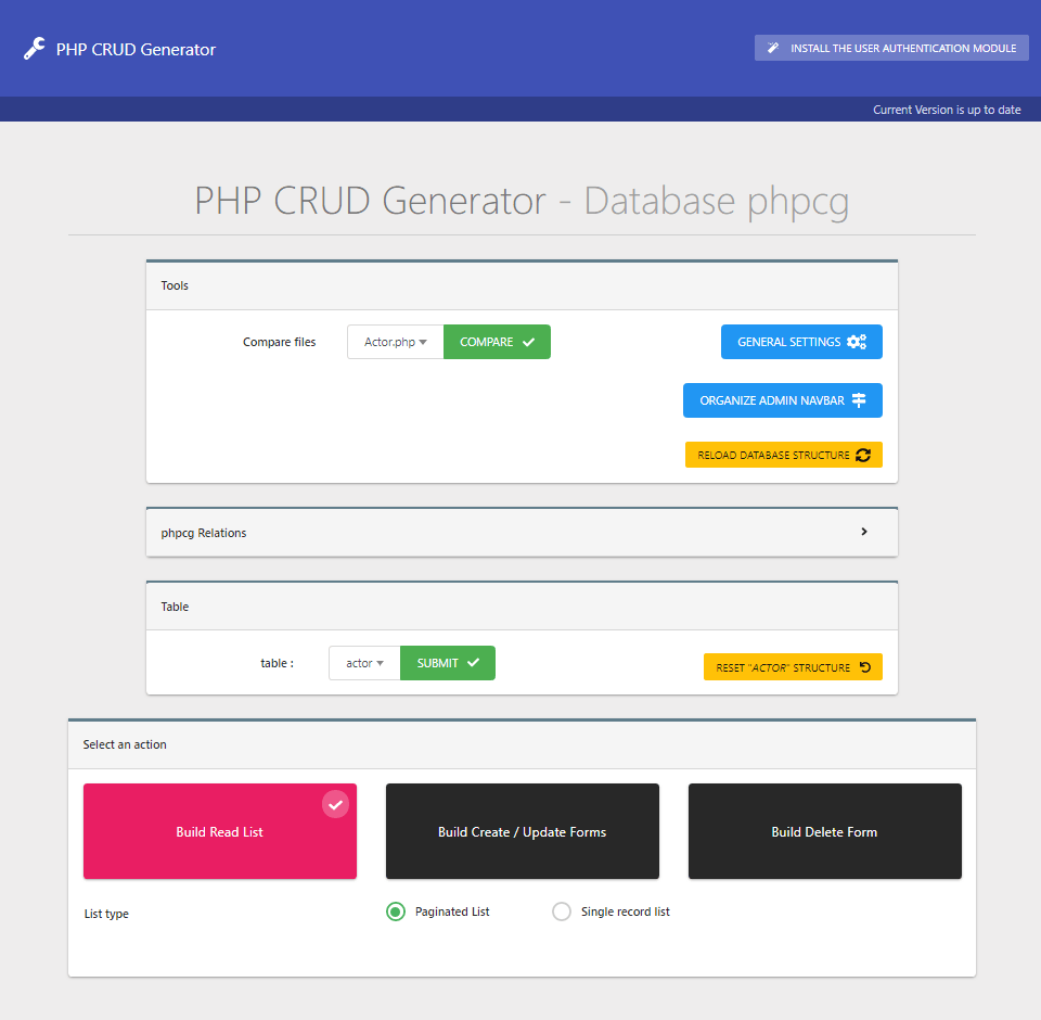 PHP CRUD Generator Main screen