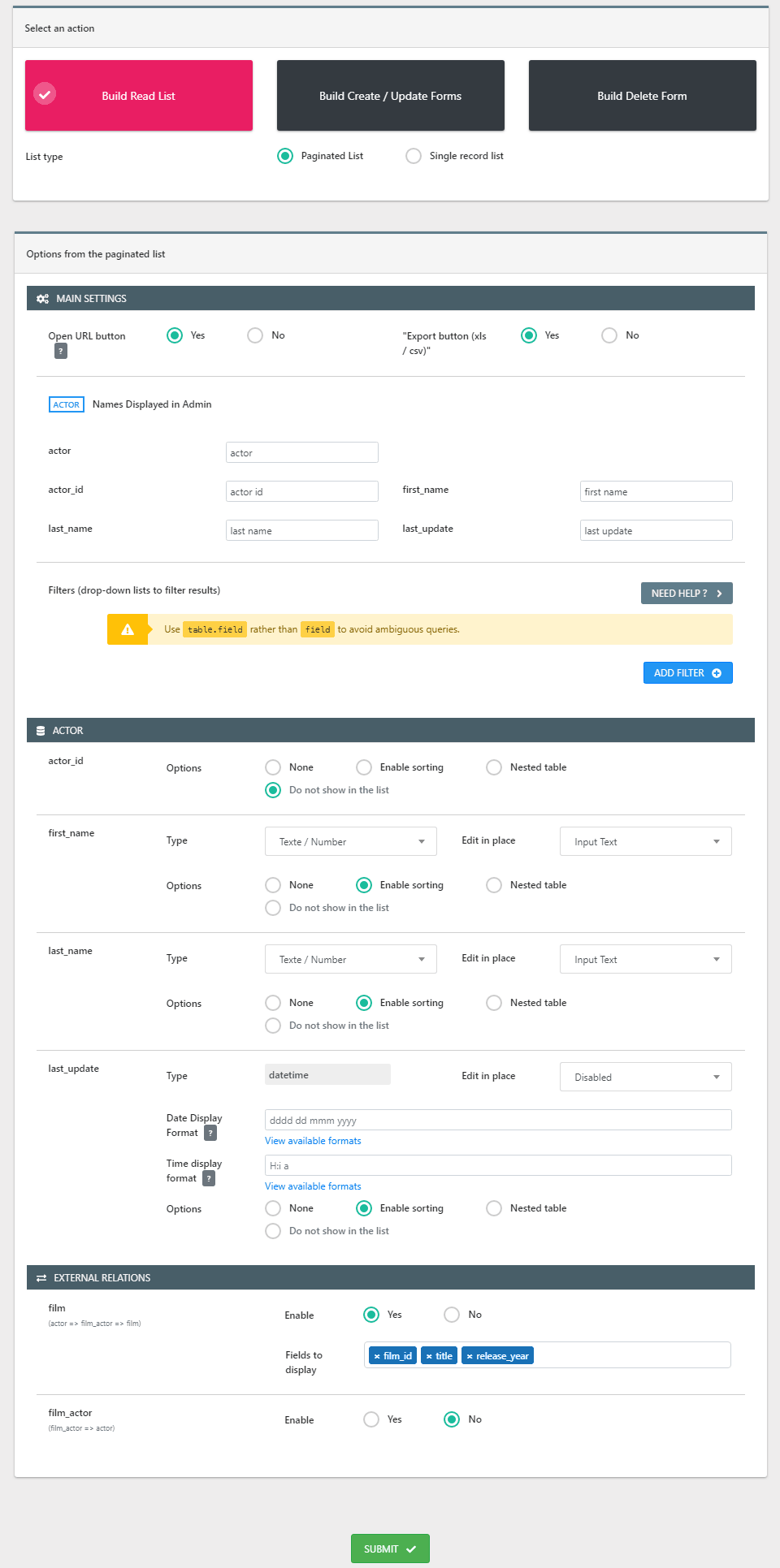 PHP CRUD Generator Read Lists